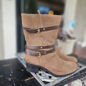 Bandolino Brown Suede Heeled Boots with Buckle Accents
